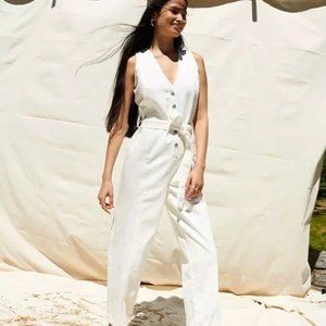Denim Sleeveless Tie-Waist Jumpsuit in Tile White, sz small